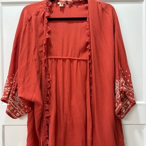 Xhilaration Terracotta and Cream Bohemian Kimono with Embroidered Sleeves.